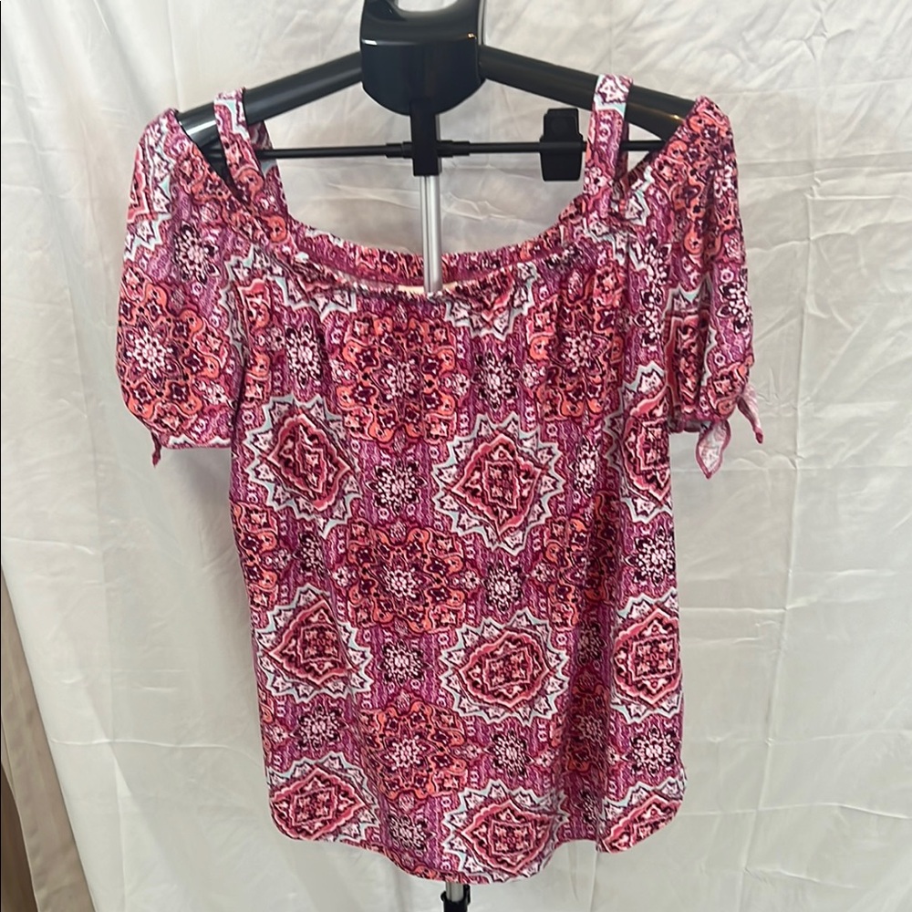 Bobbie Brooks Red and White Smocked Flutter Sleeve Blouse
